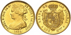 1864. Isabel II. Madrid. 100 reales. (Cal. 29). 8,35 g. Bella. Parte de brillo original. Ex Áureo 28/04/2004, nº 819. EBC+/S/C-.