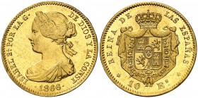 1866. Isabel II. Madrid. 10 escudos. (Cal. 44). 8,32 g. Bella. Brillo original. Escasa así. S/C-.