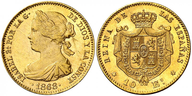 1868*1868. Isabel II. Madrid. 10 escudos. (Cal. 47). 8,41 g. Golpecitos. Bella. ...
