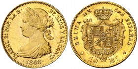 1868*1868. Isabel II. Madrid. 10 escudos. (Cal. 47). 8,41 g. Golpecitos. Bella. Brillo original. Ex Áureo 02/06/2004, nº 639. EBC+.