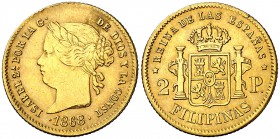 1868. Isabel II. Manila. 2 pesos. (Cal. 140). 3,32 g. MBC.