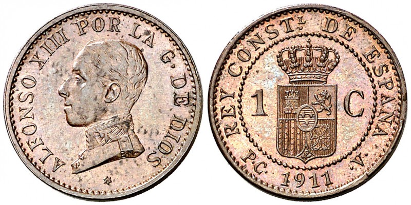 1911*1. Alfonso XIII. PCV. 1 céntimo. (Cal. 78). 1,12 g. Bella. S/C-.