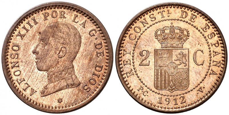 1912*12. Alfonso XIII. PCV. 2 céntimos. (Cal. 75). 2 g. Bella. Brillo original. ...
