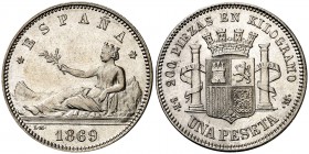 1869*1869. Gobierno Provisional. SNM. 1 peseta. (Cal. 15). 5 g. ESPAÑA. Bella. Rara y más así. EBC.