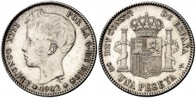 1902*1902. Alfonso XIII. SMV. 1 peseta. (Cal. 48). 5 g. Buen ejemplar. Escasa y más así. S/C-.