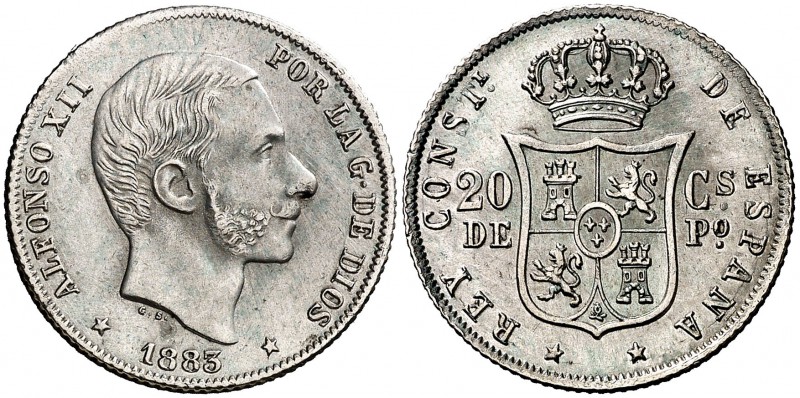 1883. Alfonso XII. Manila. 20 centavos. (Cal. 90). 5,16 g. Bella. Escasa así. EB...
