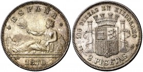 1870*1874. Gobierno Provisional. DEM. 2 pesetas. (Cal. 10). 10,09 g. Bella. Parte de brillo original. Escasa así. EBC+.