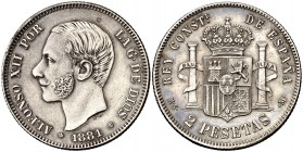 1881*1881. Alfonso XII. MSM. 2 pesetas. (Cal. 48). 9,92 g. Buen ejemplar. Pátina. Parte de brillo original. Escasa así. EBC-.