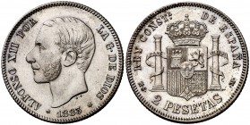 1883*1883. Alfonso XII. MSM. 2 pesetas. (Cal. 52). 9,92 g. Levísimas rayitas. Buen ejemplar. Escasa así. EBC/EBC-.