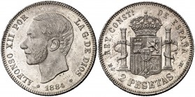 1884*1884. Alfonso XII. MSM. 2 pesetas. (Cal. 53). 9,95 g. Bella. Brillo original. Rara así. EBC+.