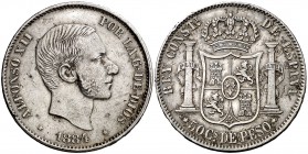 1884. Alfonso XII. Manila. 50 centavos. (Cal. 84). 12,85 g. Leves rayitas y golpecitos. Buen ejemplar. Rara. MBC+.