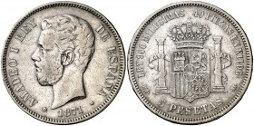 1871*1873. Amadeo I. DEM. 5 pesetas. (Cal. 9). 24,67 g. Escasa. MBC-.