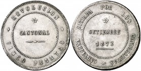 1873. Revolución Cantonal. Cartagena. 5 pesetas. (Cal. 6). 28,47 g. Reverso no coincidente. 86 perlas en anverso y 90 en reverso. Golpecitos. MBC.