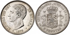 1875*1875. Alfonso XII. DEM. 5 pesetas. (Cal. 25a). 24,95 g. Leves rayitas. EBC.