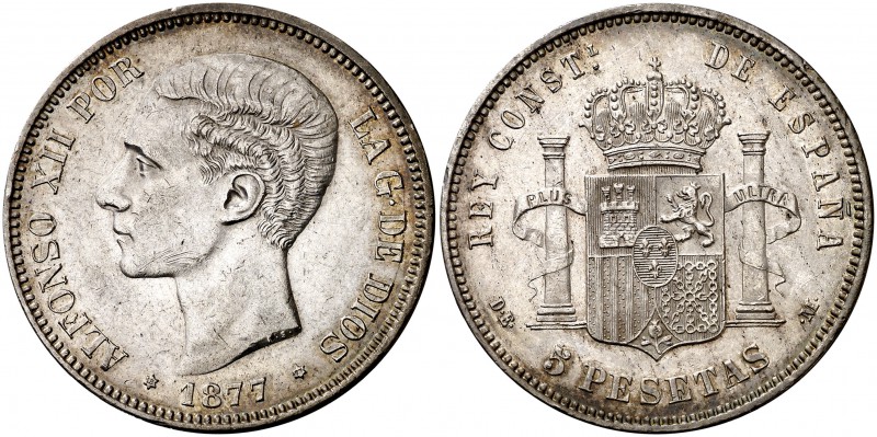 1877*1877. Alfonso XII. DEM. 5 pesetas. (Cal. 28). 25,09 g. MBC+/EBC-.