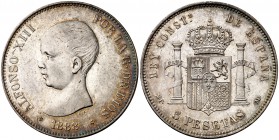 1888*1888. Alfonso XIII. MPM. 5 pesetas. (Cal. 13). 24,89 g. Leves marquitas. Bella. EBC.