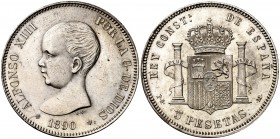 1890*1890. Alfonso XIII. PGM. 5 pesetas. (Cal. 16). 24,71 g. Leves golpecitos. Limpiada. EBC.