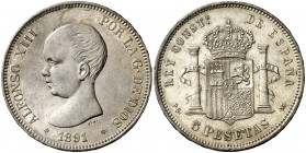 1891*1891. Alfonso XIII. PGM. 5 pesetas. (Cal. 17). 24,84 g. Leves golpecitos. Buen ejemplar. Ex Áureo & Calicó 07/07/2015, nº 503. EBC-.