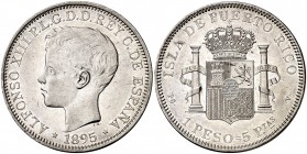 1895. Alfonso XIII. Puerto Rico. PGV. 1 peso. (Cal. 82). 24,81 g. Bella. Parte de brillo original. Rara. EBC-/EBC.