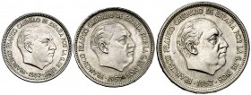 1957. Estado Español. BA (Barcelona). 5, 25 y 50 pesetas. (Cal. 139). I Exposición Iberoamericana de Numismática y Medallística. Serie de 3 monedas. S...