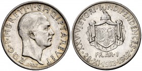 1937. Albania. Zog I. R (Roma). 1 franco. (Kr. 18). 4,99 g. AG. Escasa. MBC+.