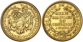 1902. Bolivia. 1/2 boliviano / 20 centavos. (Kr. falta). 3,56 g. Prueba en latón. Muy rara. EBC-.