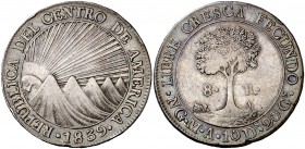 1839. Centro América. Guatemala. M/BA. 8 reales. (Kr. 4). 26,82 g. AG. Leves golpecitos. Bonita pátina. Escasa. MBC+.