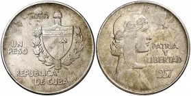 1937. Cuba. 1 peso. (Kr. 22). 26,71 g. Insignificantes marquitas. Bella. Brillo original. Rara así. S/C-.