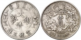 3 (1911). China. 1 dólar. (Kr. 31). 26,67 g. AG. MBC.