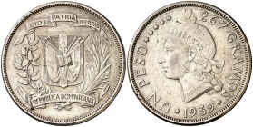1939. República Dominicana. 1 peso. (Kr. 22). 26,61 g. AG. MBC+.