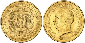 1955. República Dominicana. 30 pesos. (Fr. 1) (Kr. 24). 29,53 g. AU. 25º Aniversario del régimen de Trujillo. Leves marquitas. EBC-.