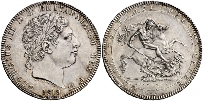1819. Gran Bretaña. Jorge III. 1 corona. (Kr. 675). 28,31 g. AG. Año LIX. Leves ...