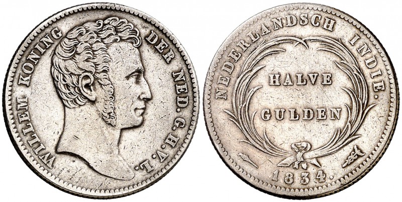 1834. Indias Holandesas. Guillermo. 1/2 gulden. (Kr. 302). 5,33 g. AG. Escasa. M...