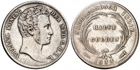 1834. Indias Holandesas. Guillermo. 1/2 gulden. (Kr. 302). 5,33 g. AG. Escasa. MBC.
