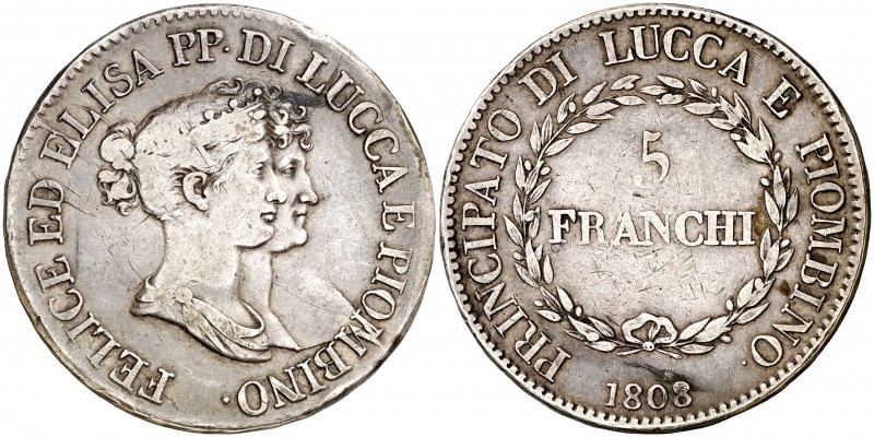 1808. Italia. Lucca y Piombino. Félix Bacciocchi y Elisa Bonaparte. 5 francos. (...