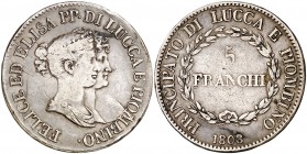 1808. Italia. Lucca y Piombino. Félix Bacciocchi y Elisa Bonaparte. 5 francos. (Kr. 24.1). 24,63 g. AG. Golpecitos. Escasa. MBC-.
