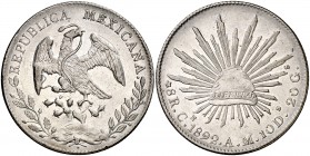 1892. México. Culiacán. AM. 8 reales. (Kr. 377.3). 27,39 g. AG. Bella. Brillo original. Escasa así. EBC.