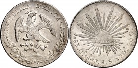 1893. México. Guanajuato. RS. 8 reales. (Kr. 377.8). 27,11 g. AG. Bella. Brillo original. Escasa así. EBC.