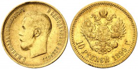 1899. Rusia. Nicolás II. . 10 rublos. (Fr. 179) (Kr. 64). 8,56 g. AU. Leves golpecitos. MBC+.