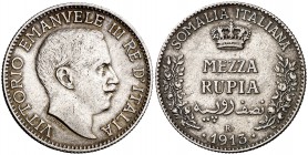1913. Somalia Italiana. Víctor Manuel. R (Roma). 1/2 rupia. (Kr. 5). 5,76 g. AG. Escasa. MBC/MBC+.