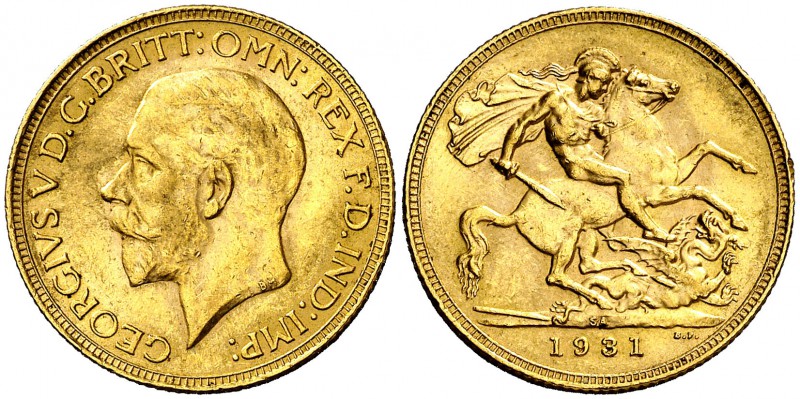 1931. Sudáfrica. Jorge V. 1 libra. (Fr. 5) (Kr. A22). 7,96 g. AU. Golpecito. MBC...