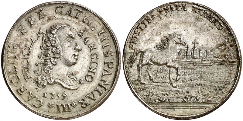 1759. Carlos III. Barcelona. Medalla de Proclamación. Módulo 4 reales. (Ha. 6) (...