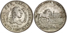 1759. Carlos III. Barcelona. Medalla de Proclamación. Módulo 4 reales. (Ha. 6) (V. 25) (V.Q. 1294) (Cru.Medalles 218). 9 g. Bella. Escasa. EBC.