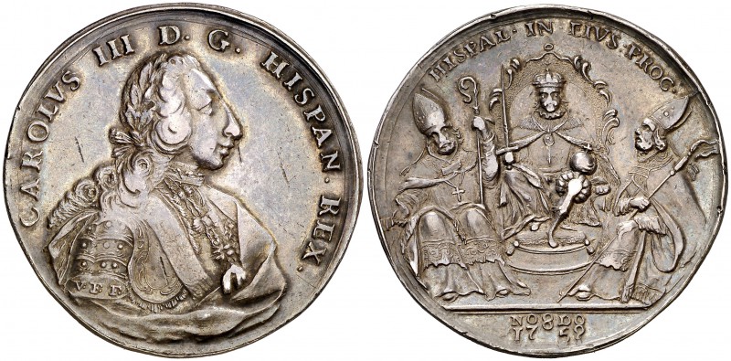 1759. Carlos III. Sevilla. Medalla de Proclamación. (Ha. 40) (V. 32 var. por met...