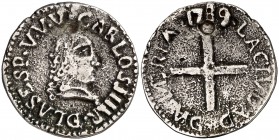 1789. Carlos IV. Almería. Medalla de Proclamación. (Ha. 6) (V.Q. 13068). 2,56 g. Ø23 mm. Plata fundida. Perforación reparada. Muy rara. (MBC-).