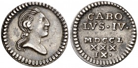 1789. Carlos IV. Barcelona. Medalla de Proclamación. Módulo 1/2 real. (Ha. 12) (V. falta) (V.Q. 13075) (Cru.Medalles 231). 1,88 g. Rayitas. Escasa. MB...