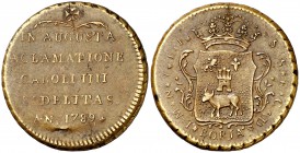 1789. Carlos IV. Borja. Medalla de Proclamación. (Ha. 15 var. por metal) (V. 686) (V.Q. 13077 var. por metal). 6,39 g. Ø23 mm. Bronce. Muy rara. MBC+....