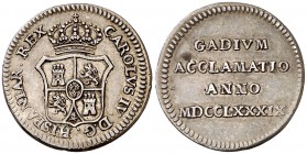 1789. Carlos IV. Cádiz. Medalla de Proclamación. Módulo 1 real. (Ha. 19) (V.Q. 13081). 2,95 g. Escasa. MBC+.