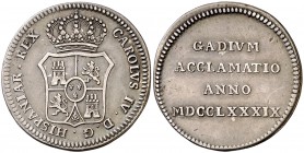 1789. Carlos IV. Cádiz. Medalla de Proclamación. Módulo 2 reales. (Ha. 18) (V. 76) (V.Q. 13080). 7,59 g. Escasa. MBC+.