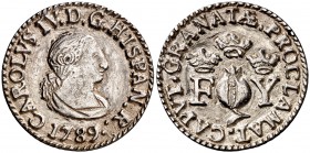1789. Carlos IV. Granada. Medalla de Proclamación. Módulo 2 reales. (Ha. 43) (V. 81) (V.Q. 13102). 4,54 g. Plata fundida. Rayitas. (MBC+).